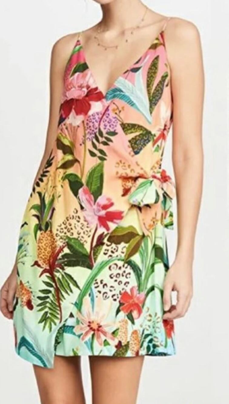 FARM Rio Tropical Floral Wrap Mini Dress Side Tie Spaghetti Strap Vacation S